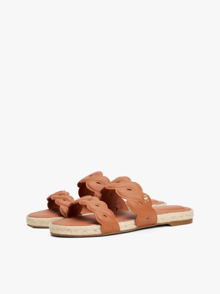 Brown Leather Embossed Espadrille Mules  Women