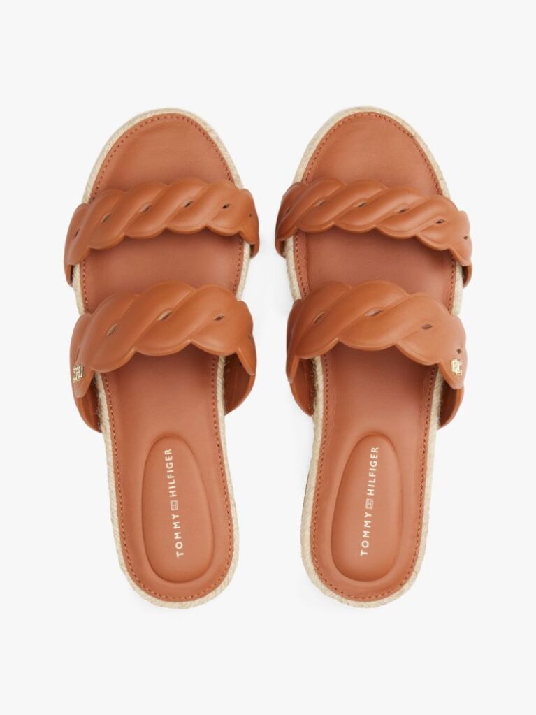 Brown Leather Embossed Espadrille Mules  Women