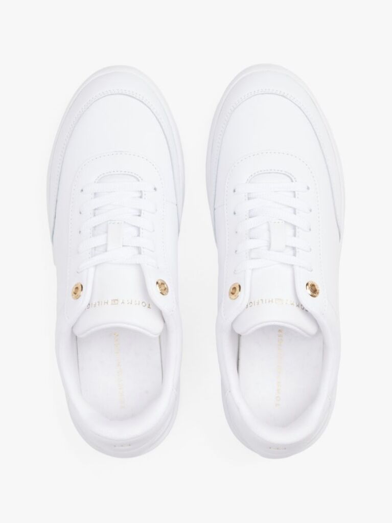 White Leather Gold-Tone Trim Court Trainers  Women