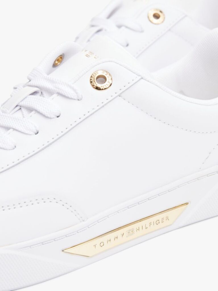 White Leather Gold-Tone Trim Court Trainers  Women