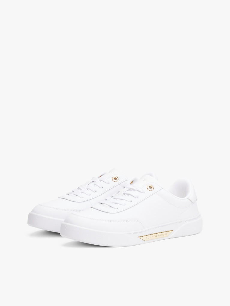 White Leather Gold-Tone Trim Court Trainers  Women