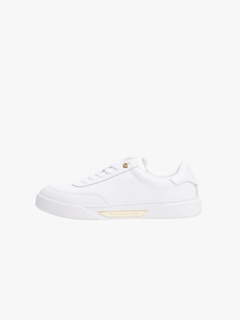 White Leather Gold-Tone Trim Court Trainers  Women