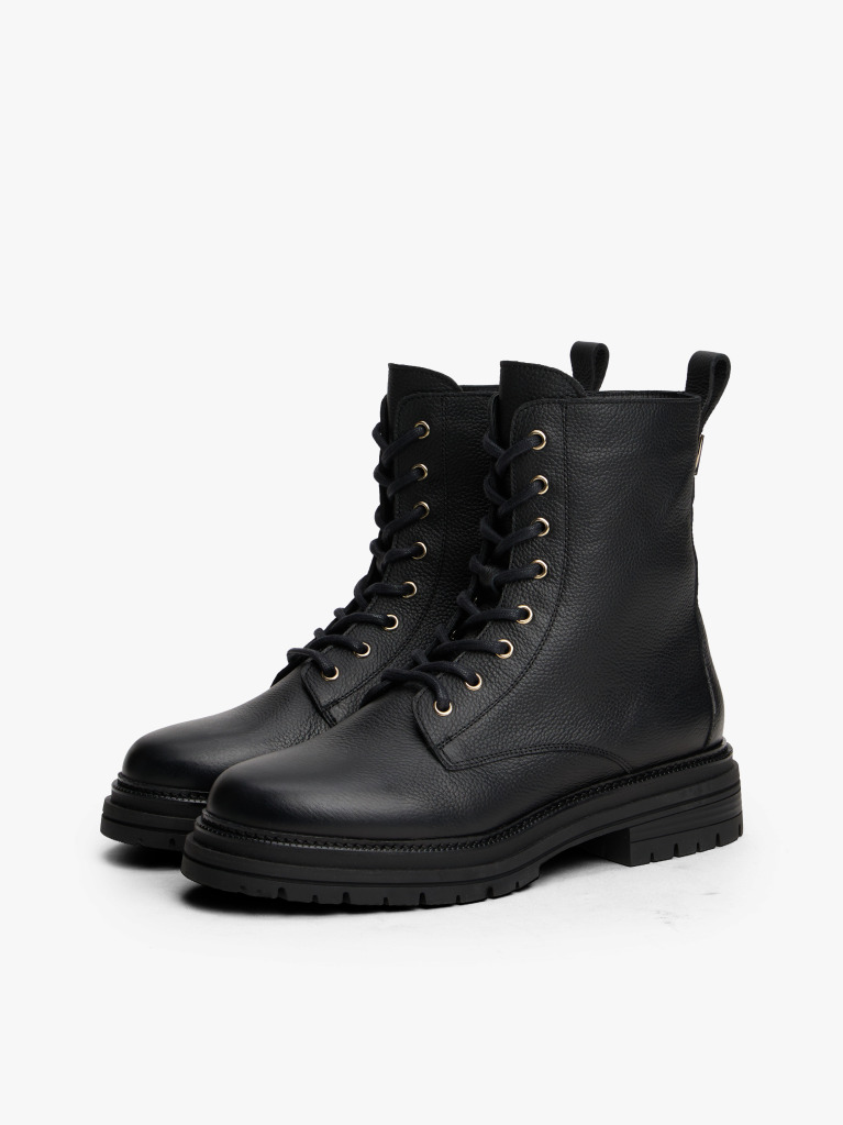 Black Pebble Grain Leather Chunky Boots  Women
