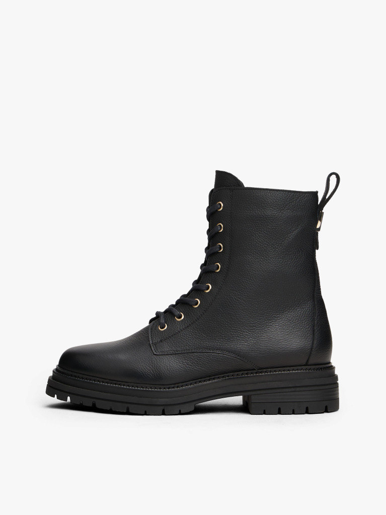 Black Pebble Grain Leather Chunky Boots  Women