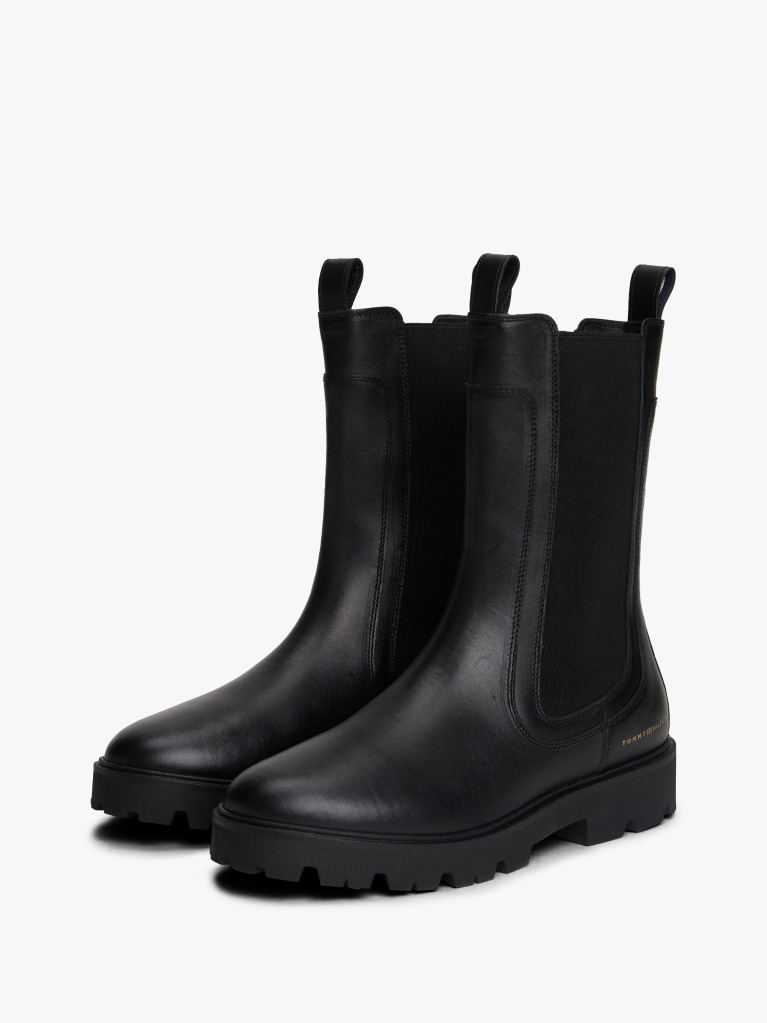 Black Leather Cleat Mid Chelsea Boots  Women