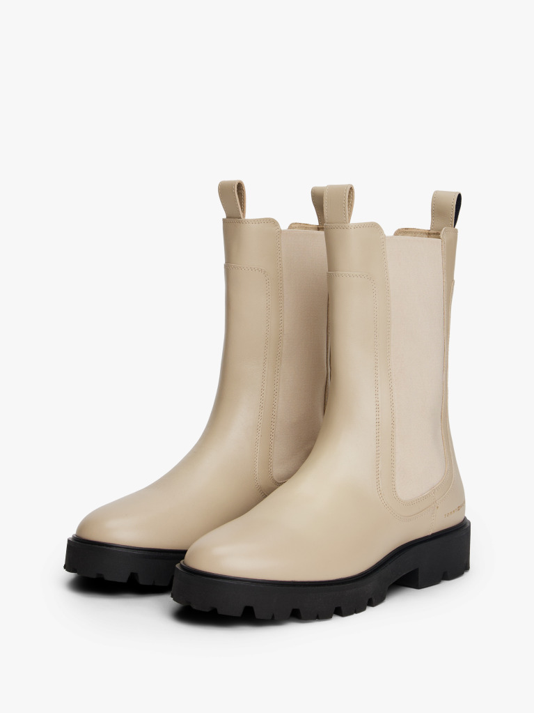 Beige Leather Cleat Mid Chelsea Boots  Women