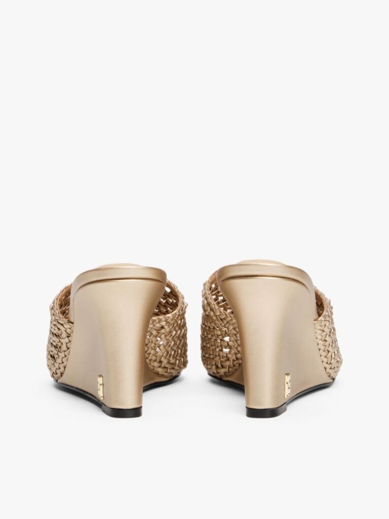 Gold Metallic Leather Crochet Wedge Mules  Women