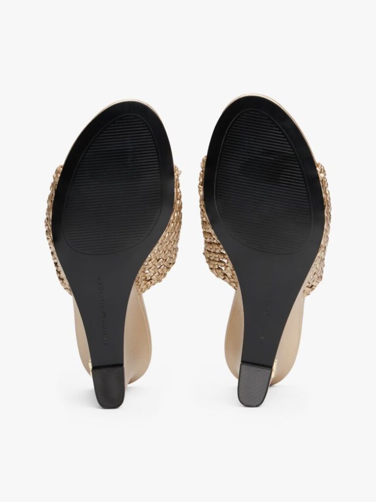 Gold Metallic Leather Crochet Wedge Mules  Women
