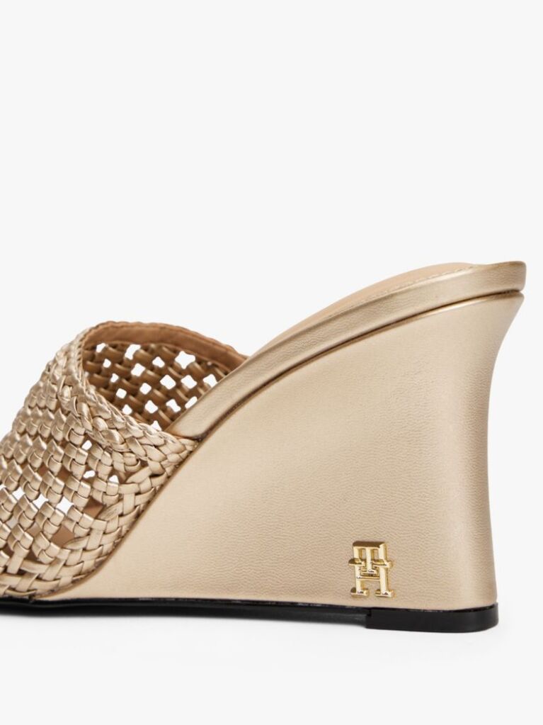 Gold Metallic Leather Crochet Wedge Mules  Women