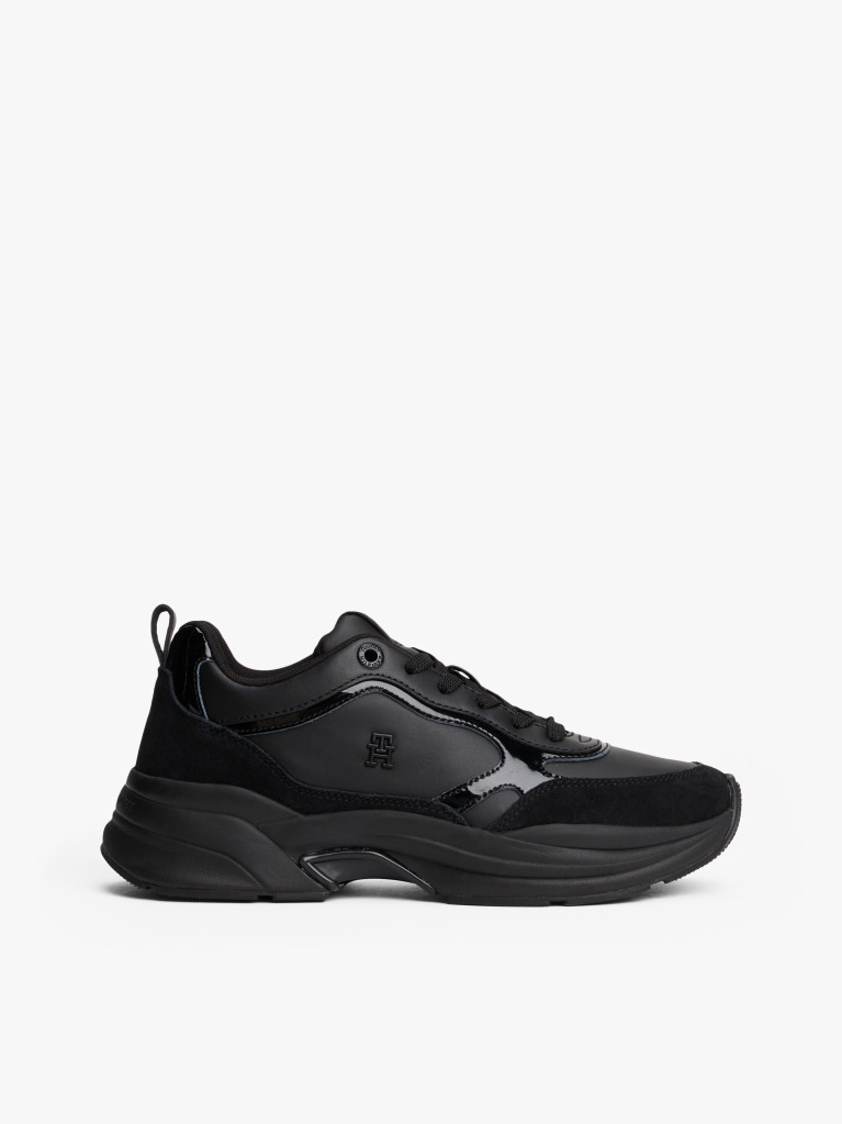 Black Leather Patent Chunky Trainers  Women
