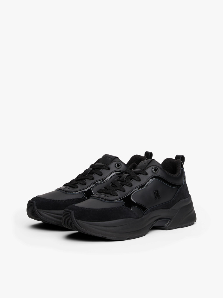Black Leather Patent Chunky Trainers  Women