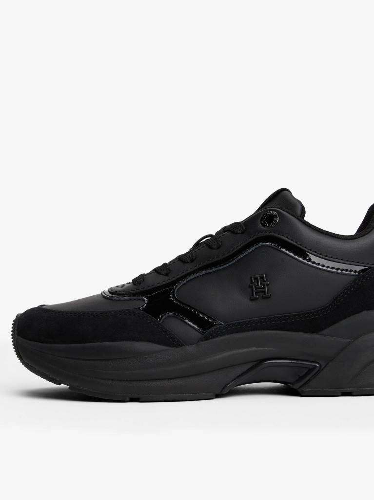 Black Leather Patent Chunky Trainers  Women