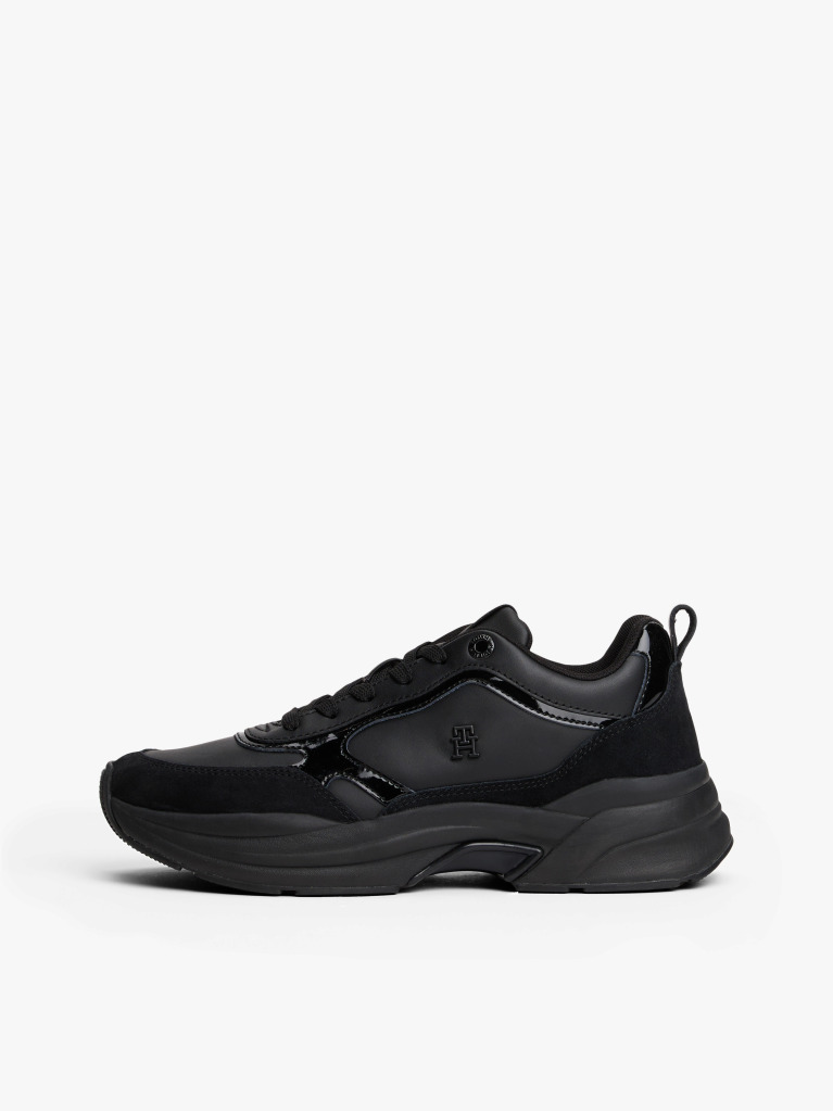 Black Leather Patent Chunky Trainers  Women
