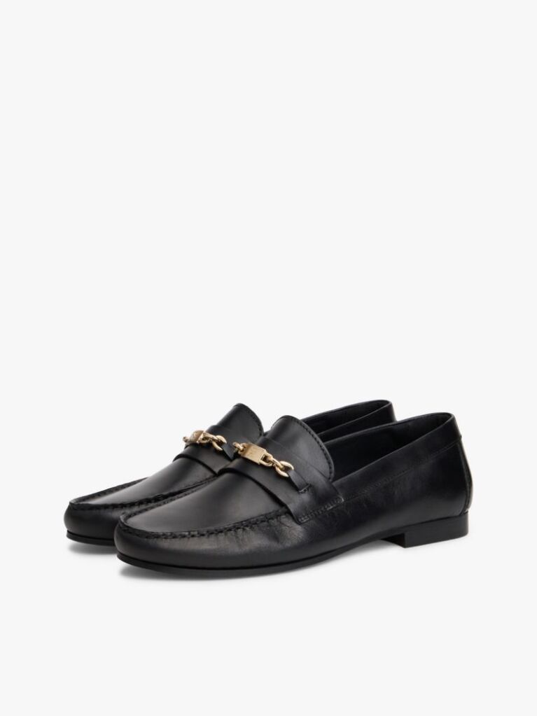 Black Leather TH Monogram Horsebit Chain Loafers  Women