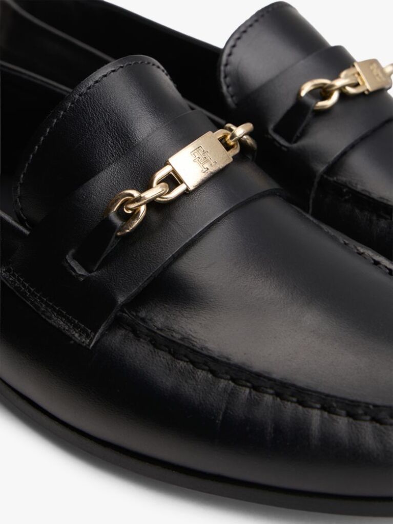 Black Leather TH Monogram Horsebit Chain Loafers  Women