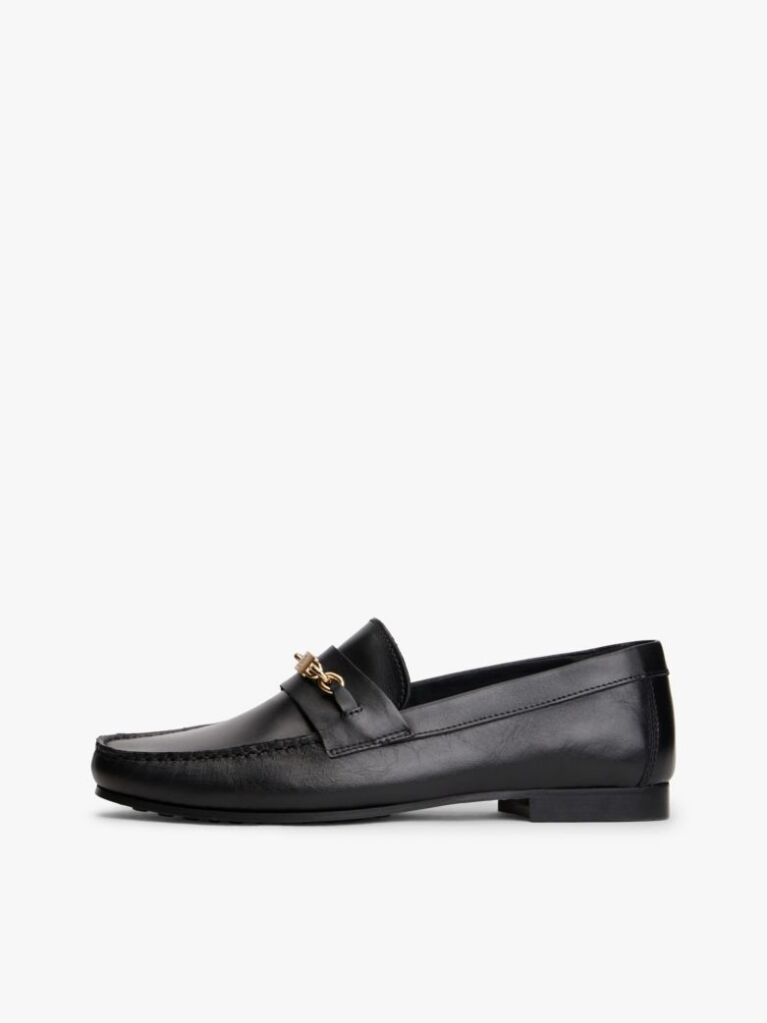 Black Leather TH Monogram Horsebit Chain Loafers  Women