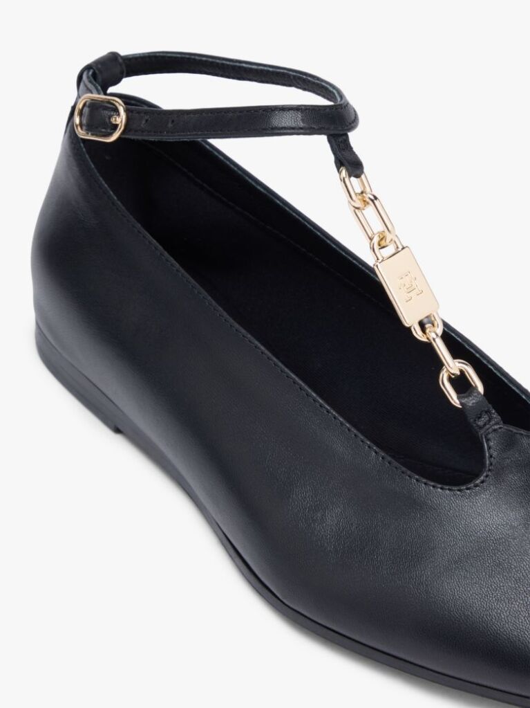 Black Leather T-Bar Chain Ballerinas  Women