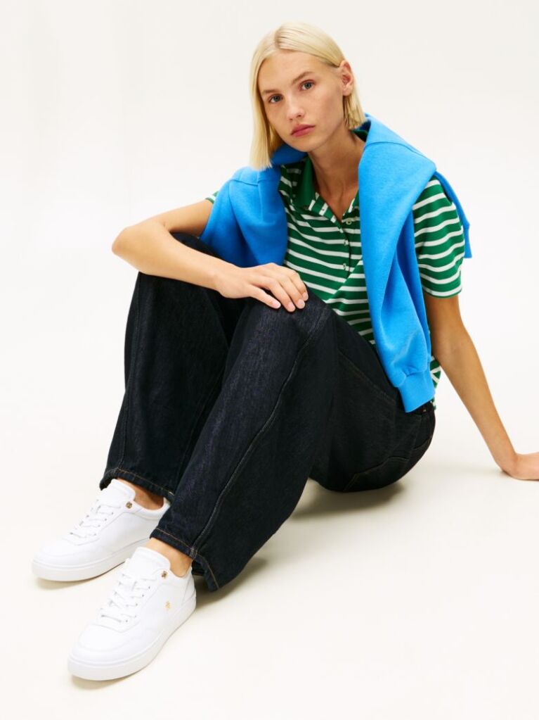 White Leather Mixed Texture Cupsole Trainers  Women