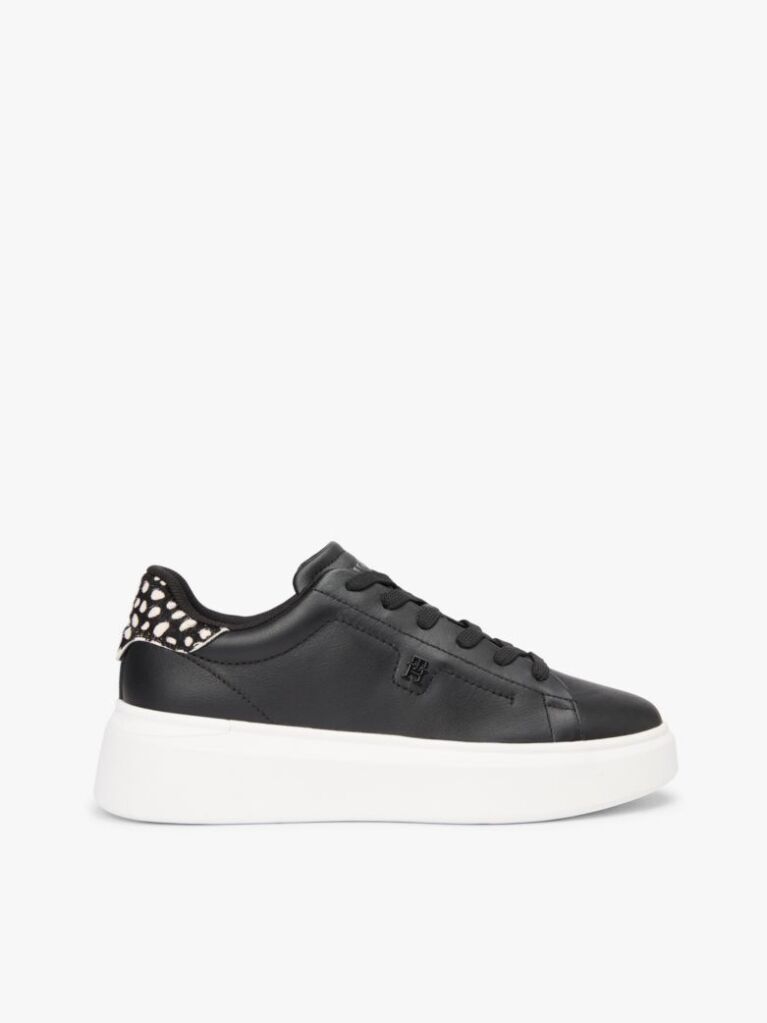 Black Snow Leopard Heel Leather Platform Trainers  Women