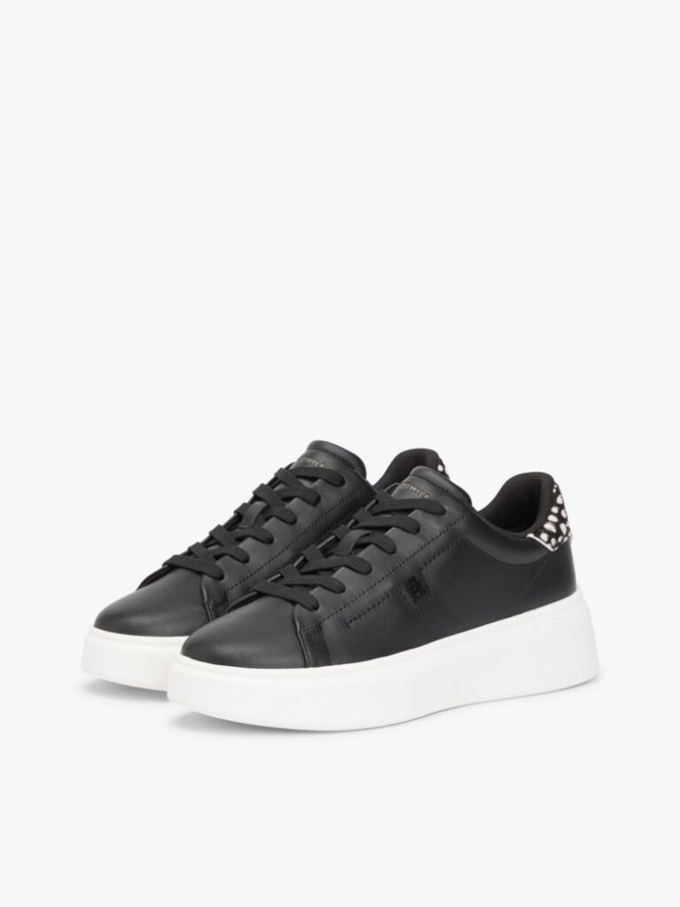 Black Snow Leopard Heel Leather Platform Trainers  Women