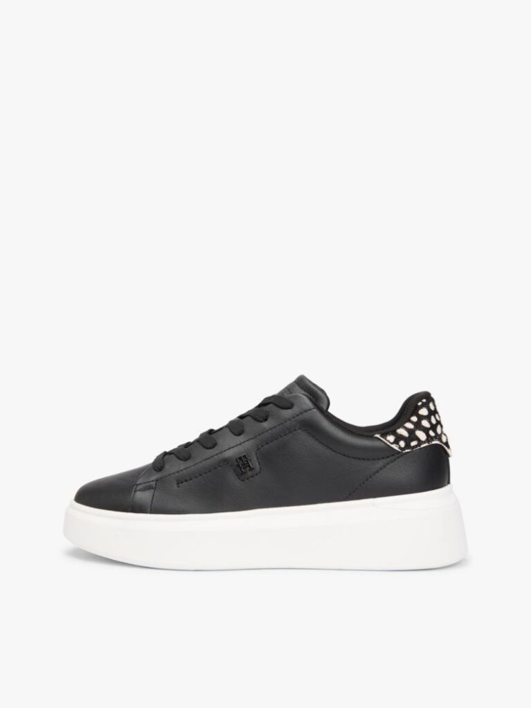 Black Snow Leopard Heel Leather Platform Trainers  Women