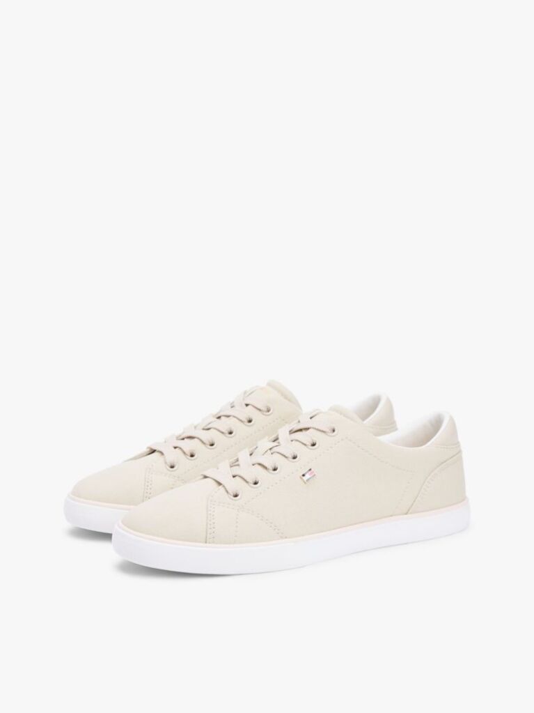 Beige Low Profile Canvas Lace-Up Trainers  Women