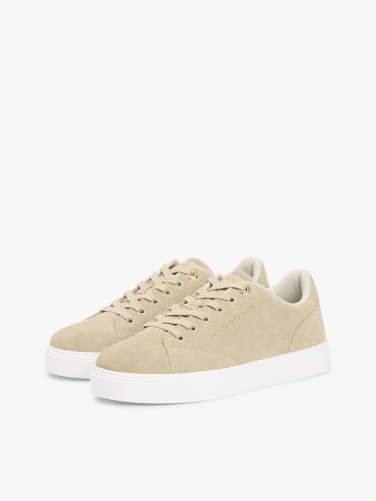 Beige Suede Metallic Logo Cupsole Trainers  Women