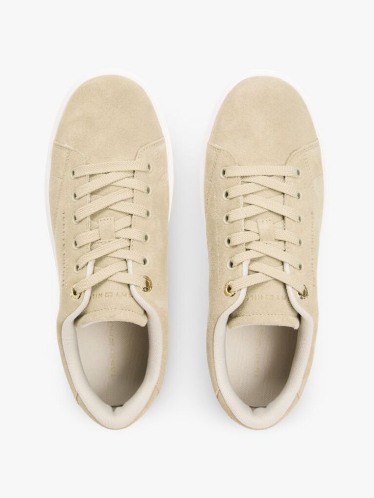 Beige Suede Metallic Logo Cupsole Trainers  Women