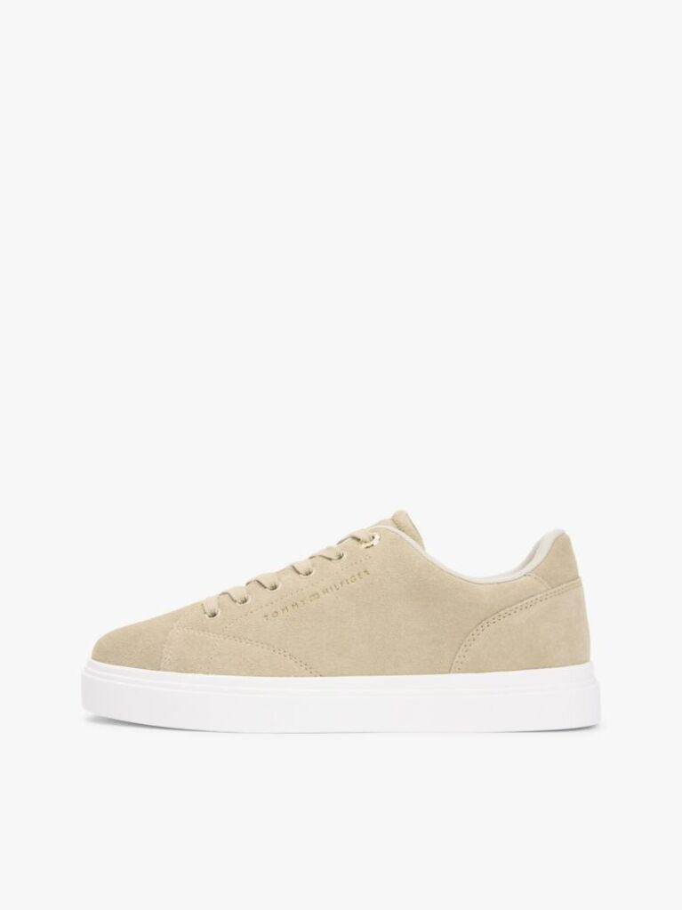 Beige Suede Metallic Logo Cupsole Trainers  Women