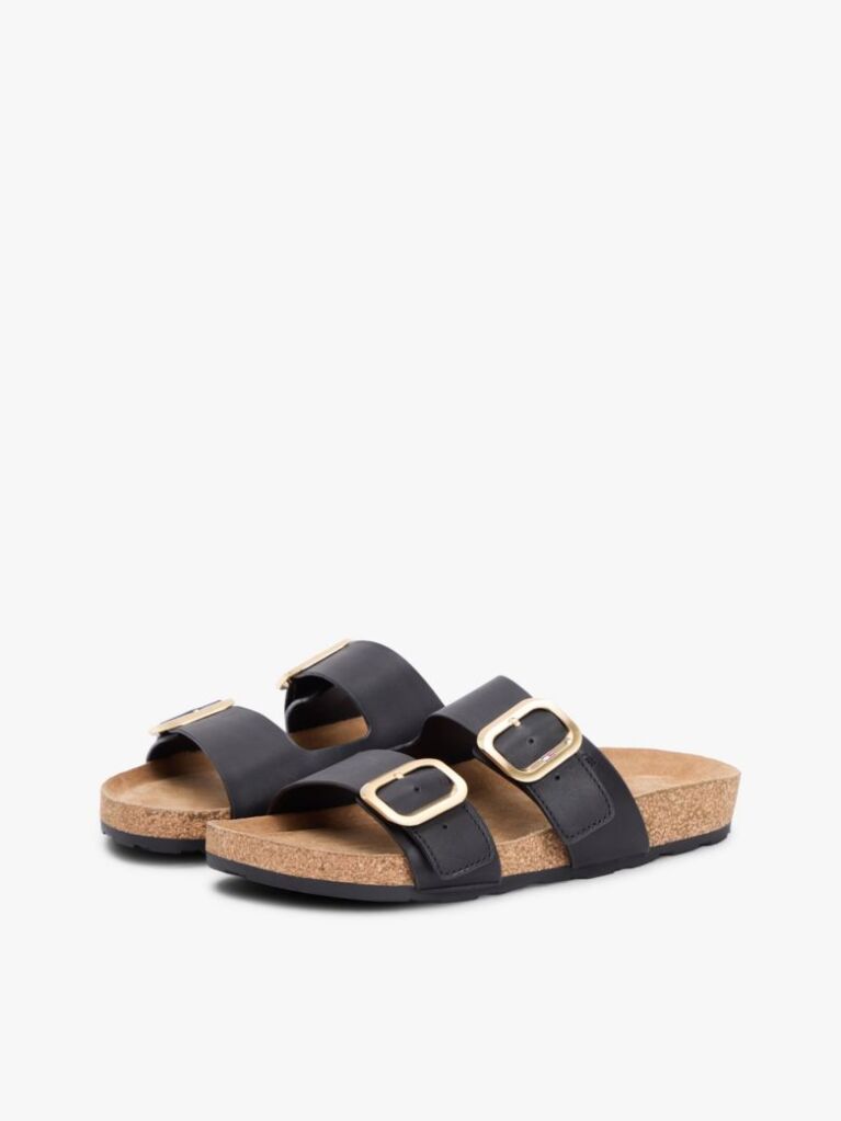 Black Leather Double Strap Cork Sandals  Women