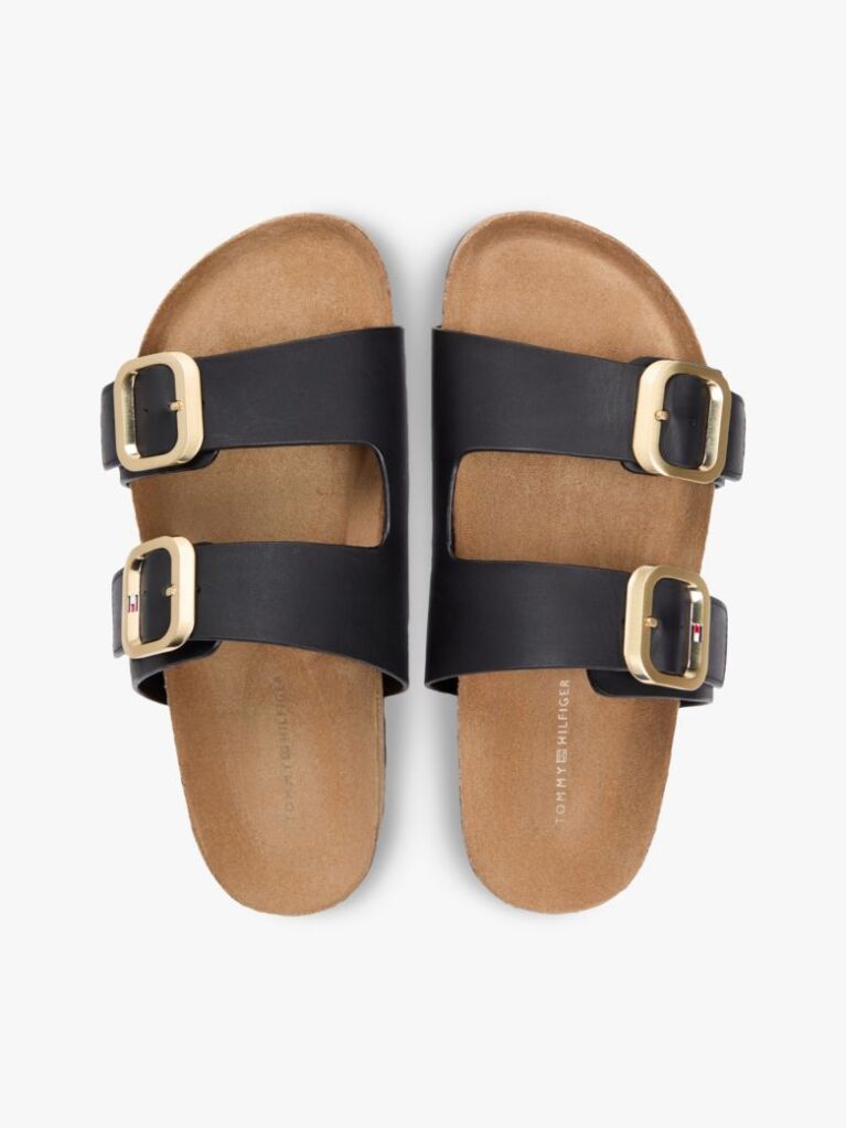 Black Leather Double Strap Cork Sandals  Women