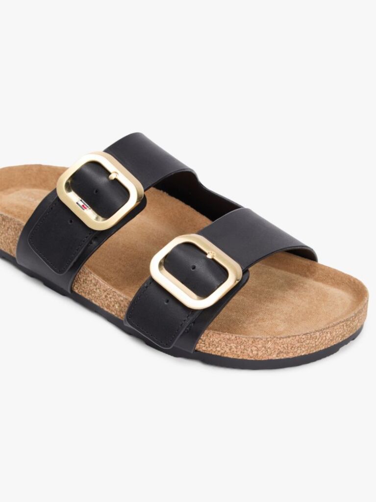 Black Leather Double Strap Cork Sandals  Women