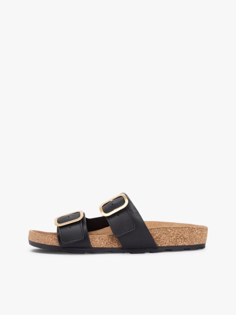 Black Leather Double Strap Cork Sandals  Women