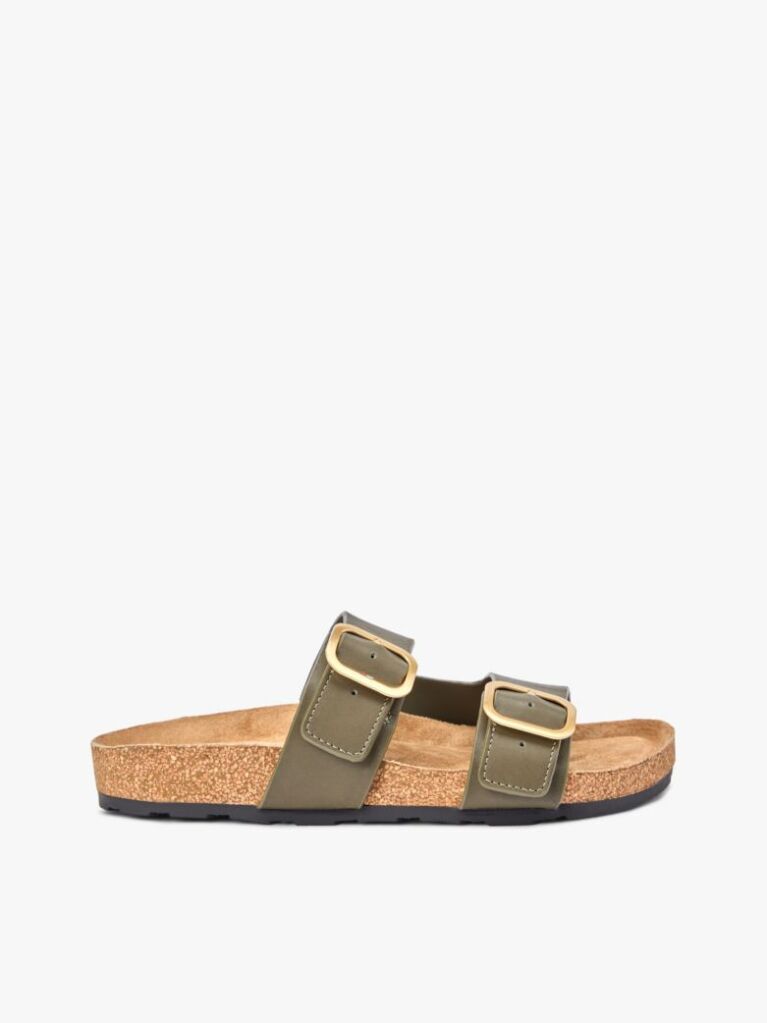 Green Leather Double Strap Cork Sandals  Women