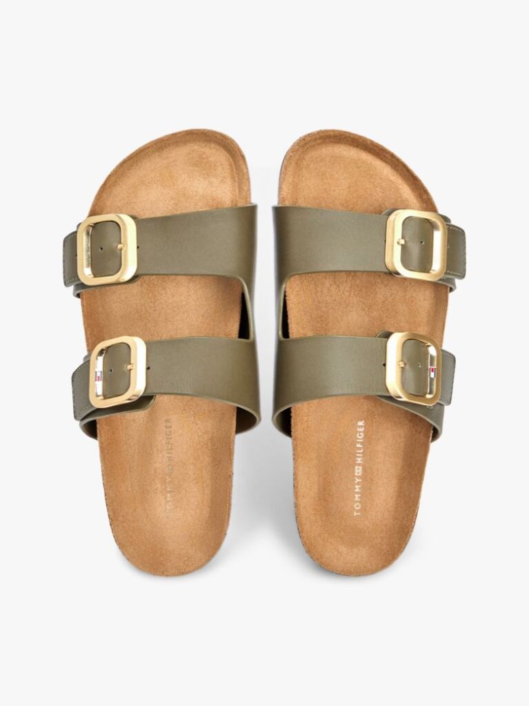 Green Leather Double Strap Cork Sandals  Women