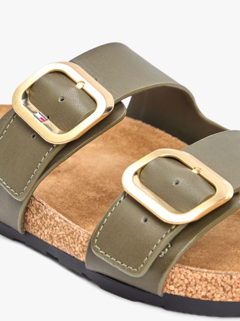 Green Leather Double Strap Cork Sandals  Women