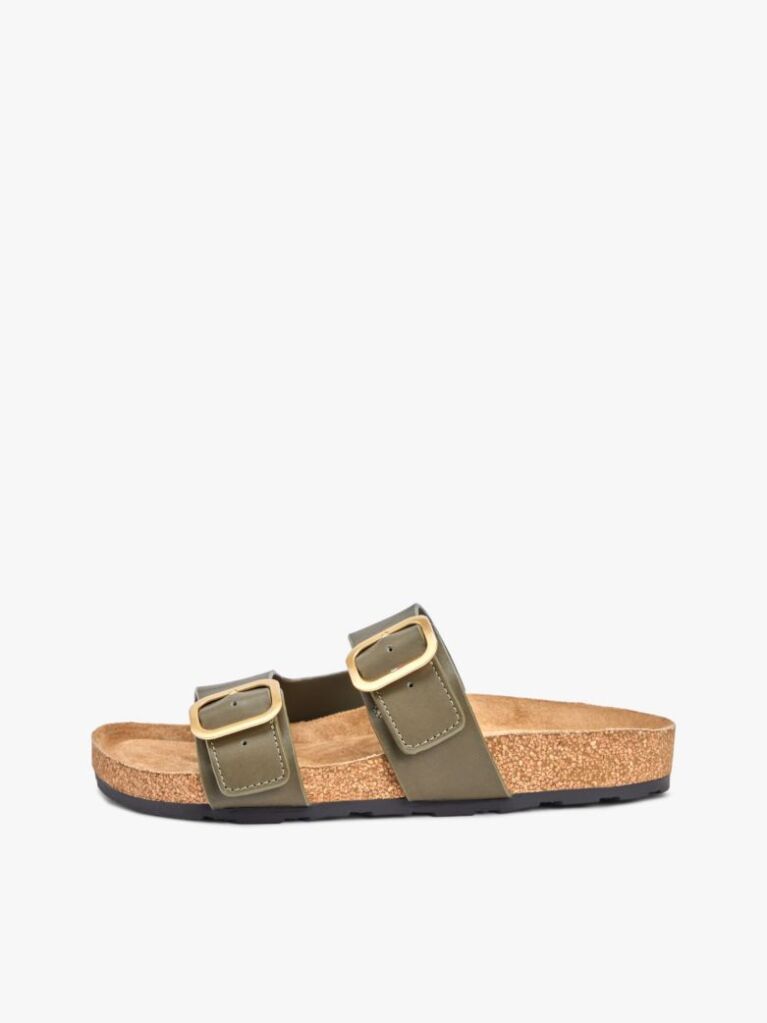 Green Leather Double Strap Cork Sandals  Women