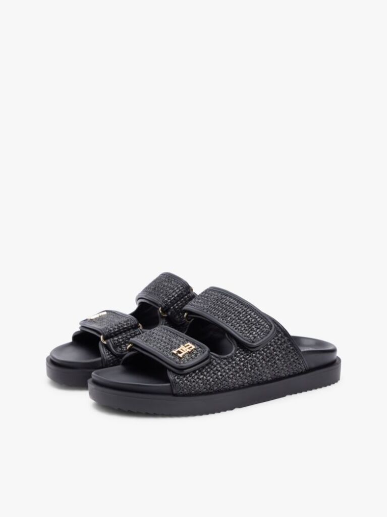 Black Raffia TH Monogram Double Strap Sandals  Women