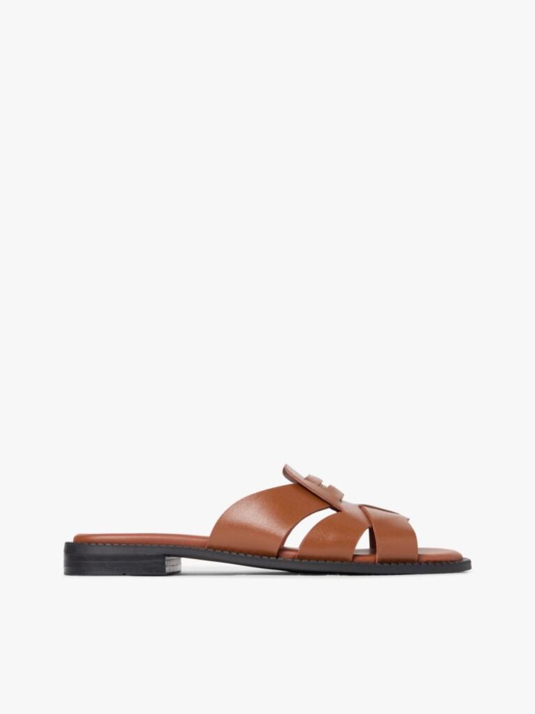 Brown Leather Crest Square Toe Sandals  Women