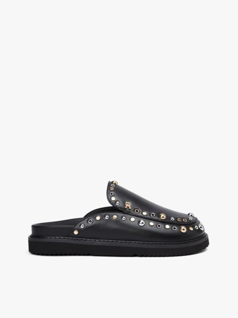 Black TH Monogram Stud Embellished Leather Mules  Women