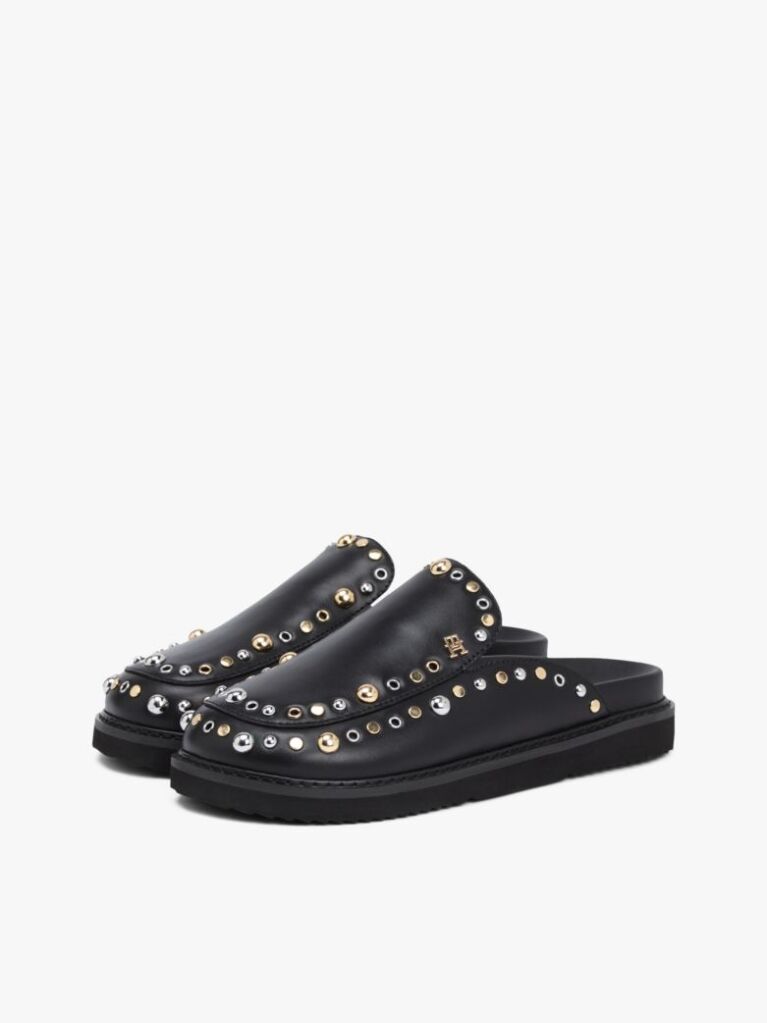 Black TH Monogram Stud Embellished Leather Mules  Women