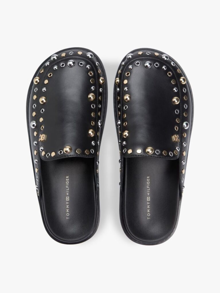 Black TH Monogram Stud Embellished Leather Mules  Women