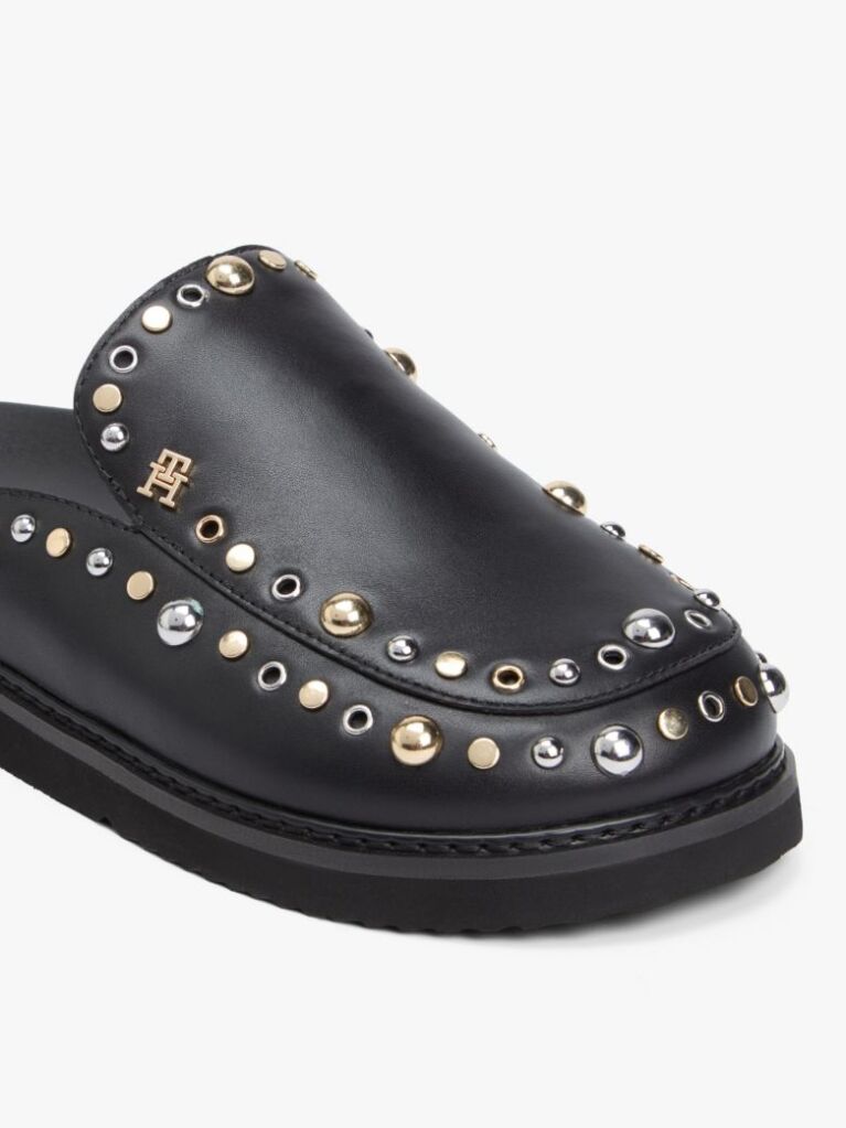 Black TH Monogram Stud Embellished Leather Mules  Women