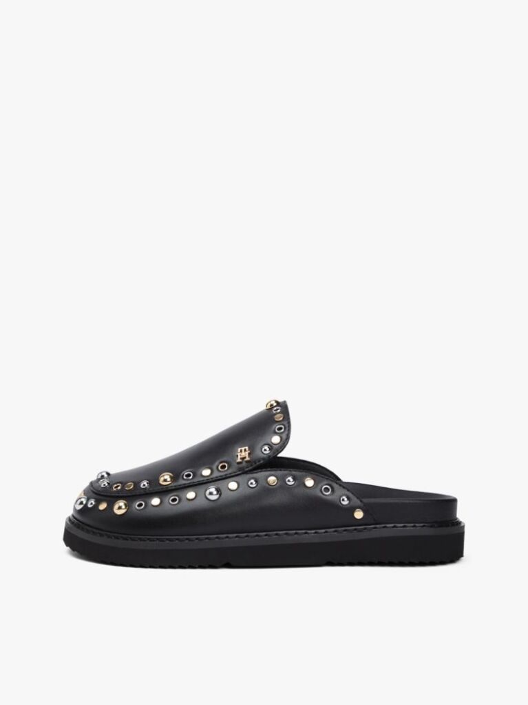 Black TH Monogram Stud Embellished Leather Mules  Women