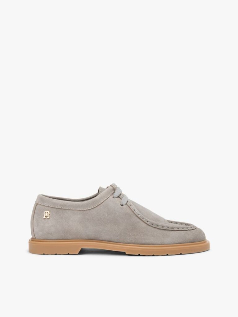 Grey TH Monogram Suede Moc Toe Loafers  Women