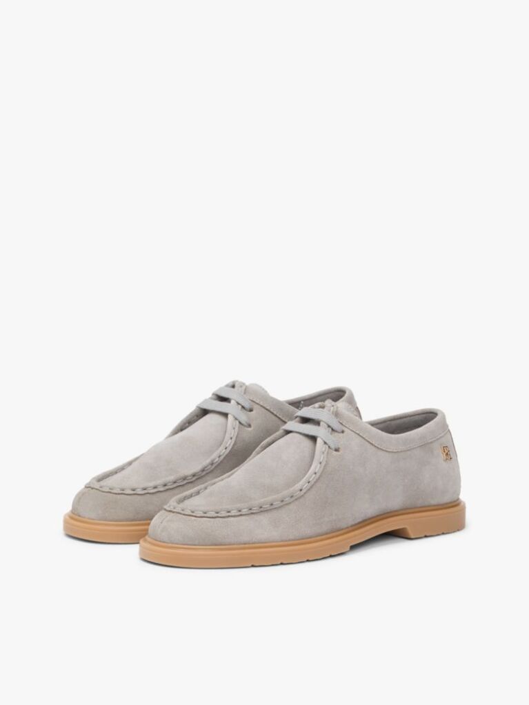 Grey TH Monogram Suede Moc Toe Loafers  Women