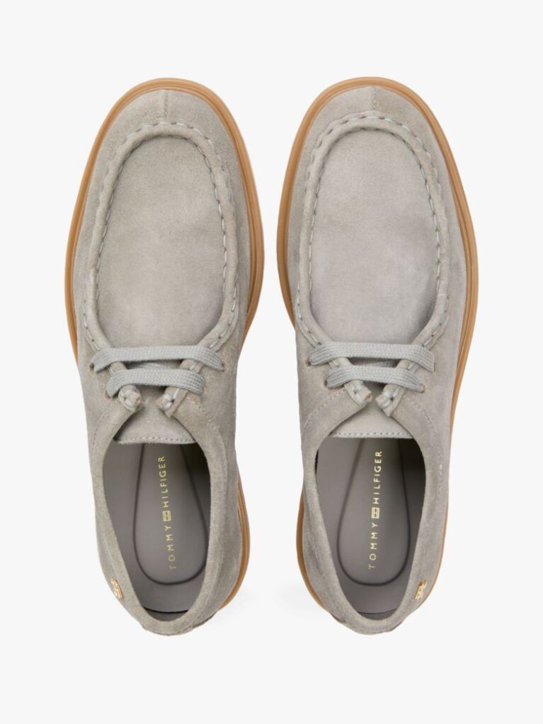Grey TH Monogram Suede Moc Toe Loafers  Women