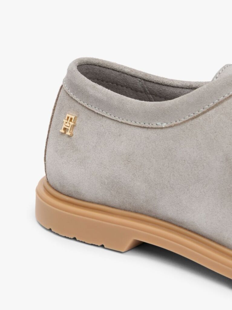 Grey TH Monogram Suede Moc Toe Loafers  Women