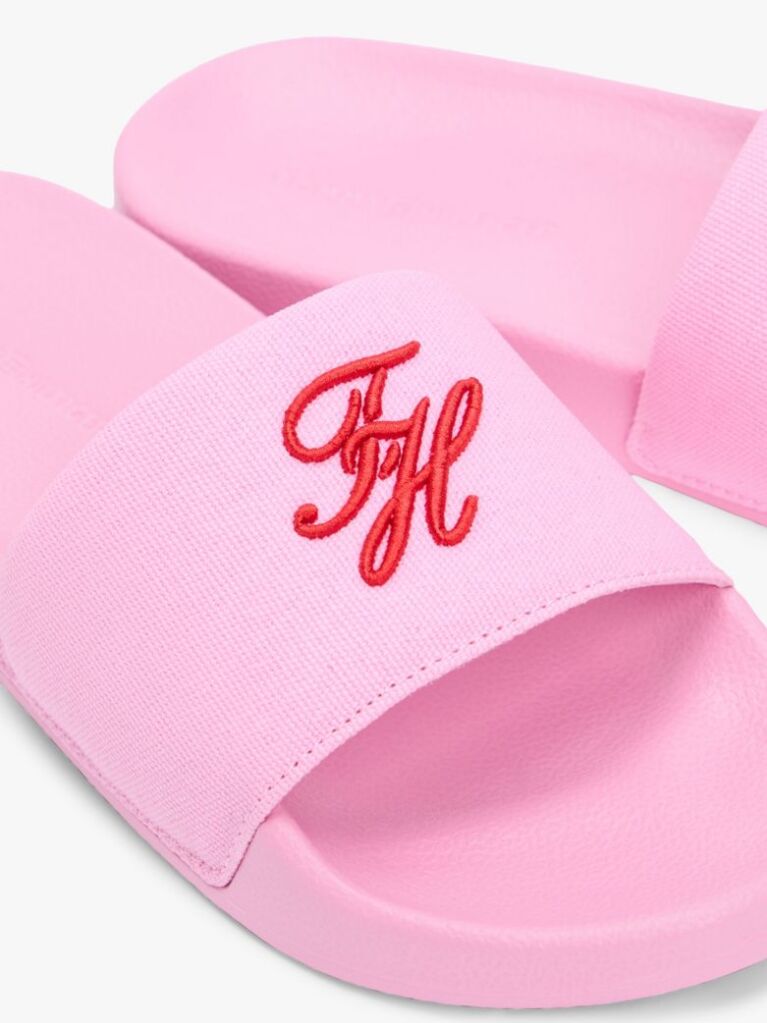 Pink Logo Embroidery Canvas Pool Slides  Women