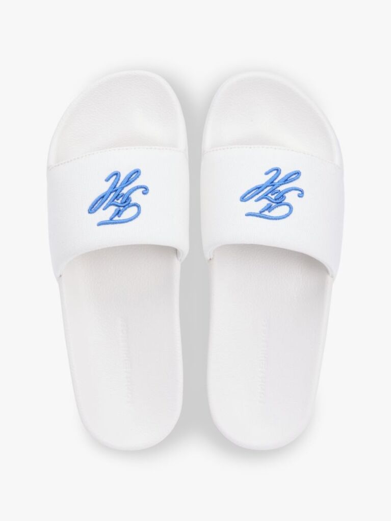 White Logo Embroidery Canvas Pool Slides  Women